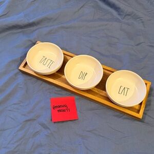 Rae Dunn Cream Ceramic Trio 'TASTE DIP EAT' with Wooden Tray